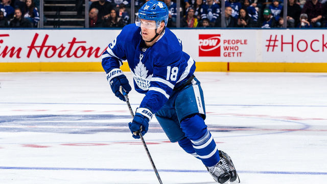 TORONTO, ON - FEBRUARY 1: Andreas Johnsson #18 of the Toronto Maple Leafs skates with the puck against the Ottawa Senators during the second period at the Scotiabank Arena on February 1, 2020 in Toronto, Ontario, Canada.