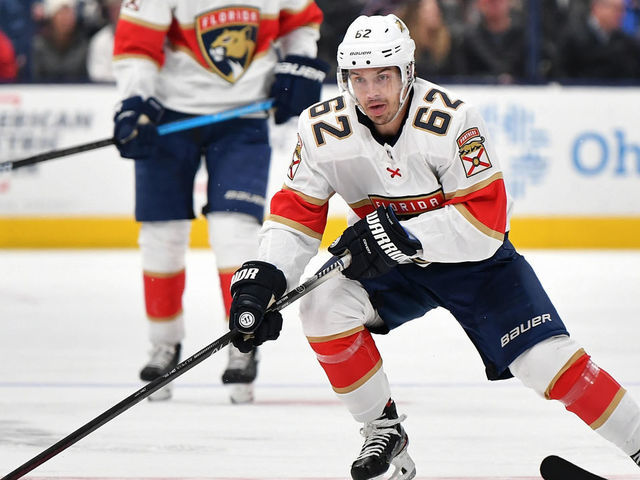COLUMBUS, OH - FEBRUARY 4: Dennis Malgin #62 of the Florida Panthers skates against the Columbus Blue Jackets on February 4, 2020 at Nationwide Arena in Columbus, Ohio.