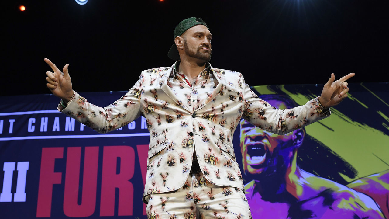 LOS ANGELES, CA - JANUARY 13: Tyson Fury poses during a news conference with Deontay Wilder atThe Novo Theater at L.A. Live on January 13, 2020 in Los Angeles, California.