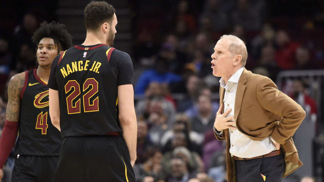 CLEVELAND, OHIO - FEBRUARY 12: Head coach John Beilein talks with Larry Nance Jr. #22 of the Cleveland Cavaliers during the second half against the Atlanta Hawks at Rocket Mortgage Fieldhouse on February 12, 2020 in Cleveland, Ohio. The Cavaliers defeated the Hawks 129-105. NOTE TO USER: User expressly acknowledges and agrees that, by downloading and/or using this photograph, user is consenting to the terms and conditions of the Getty Images License Agreement.