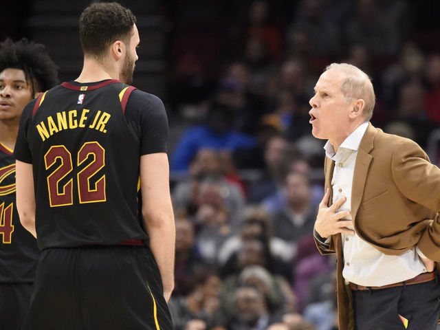 CLEVELAND, OHIO - FEBRUARY 12: Head coach John Beilein talks with Larry Nance Jr. #22 of the Cleveland Cavaliers during the second half against the Atlanta Hawks at Rocket Mortgage Fieldhouse on February 12, 2020 in Cleveland, Ohio. The Cavaliers defeated the Hawks 129-105. NOTE TO USER: User expressly acknowledges and agrees that, by downloading and/or using this photograph, user is consenting to the terms and conditions of the Getty Images License Agreement.