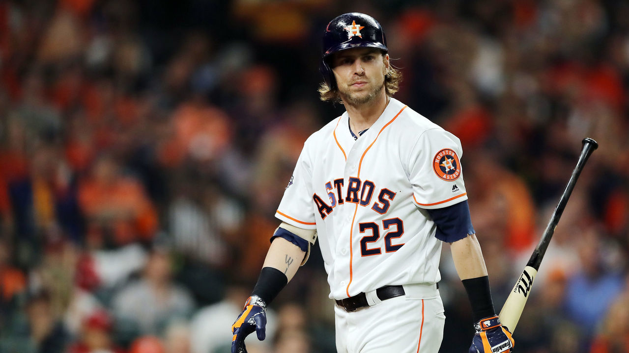 HOUSTON, TEXAS - OCTOBER 29: Josh Reddick #22 of the Houston Astros reacts after striking out against the Washington Nationals during the third inning in Game Six of the 2019 World Series at Minute Maid Park on October 29, 2019 in Houston, Texas.