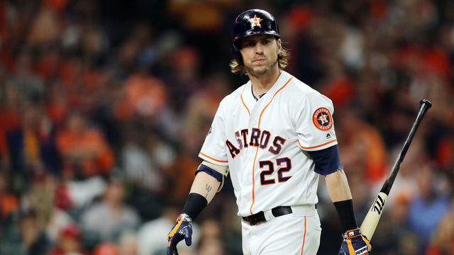 HOUSTON, TEXAS - OCTOBER 29: Josh Reddick #22 of the Houston Astros reacts after striking out against the Washington Nationals during the third inning in Game Six of the 2019 World Series at Minute Maid Park on October 29, 2019 in Houston, Texas.
