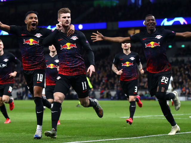 LONDON, ENGLAND - FEBRUARY 19: Timo Werner of RB Leipzig celebrates after scoring his team's first goal during the UEFA Champions League round of 16 first leg match between Tottenham Hotspur and RB Leipzig at Tottenham Hotspur Stadium on February 19, 2020 in London, United Kingdom.