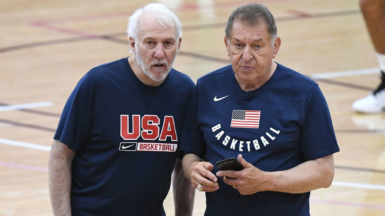LAS VEGAS, NV - AUGUST 05: Head Coach Gregg Popovich of USA Basketball and Coach Jerry Colangelo are seen during the game at Mendenhall Center on the University of Nevada, Las Vegas campus on August 05, 2019 in Las Vegas Nevada. NOTE TO USER: User expressly acknowledges and agrees that, by downloading and/or using this Photograph, user is consenting to the terms and conditions of the Getty Images License Agreement. Mandatory Copyright Notice: Copyright 2019 NBAE