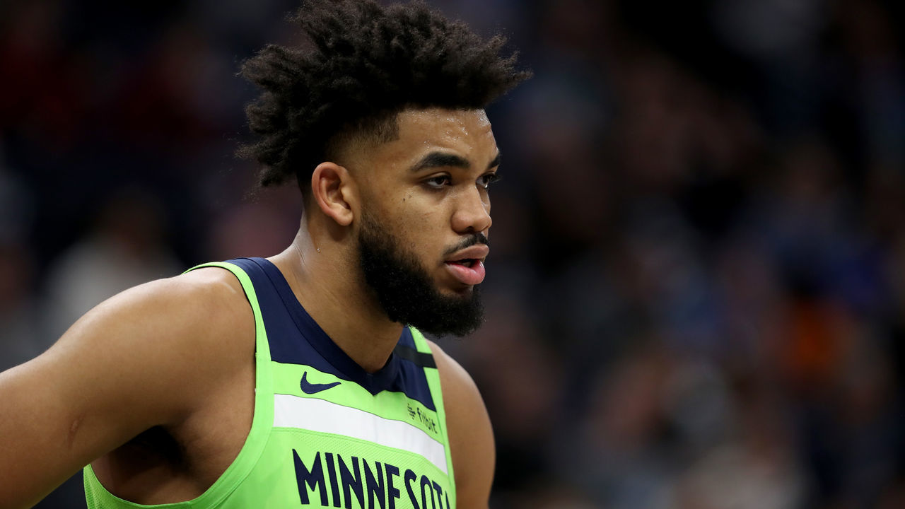 MINNEAPOLIS, MN - FEBRUARY 8: Karl-Anthony Towns #32 of the Minnesota Timberwolves looks on during a game against the LA Clippers on February 8, 2020 at Target Center in Minneapolis, Minnesota. Mandatory Copyright Notice: Copyright 2020 NBAE