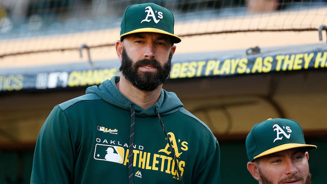 OAKLAND, CALIFORNIA - SEPTEMBER 06: Mike Fiers #50 of the Oakland Athletics looks on before the game against the Detroit Tigers at Ring Central Coliseum on September 06, 2019 in Oakland, California. This game is a continuation of one that was previously suspended at Comerica Park on May 19, 2019 in Detroit, Michigan.