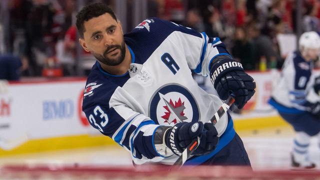 CHICAGO, IL - APRIL 01: Winnipeg Jets defenseman Dustin Byfuglien (33) warms up prior to a game against the Chicago Blackhawks on April 1, 2019, at the United Center in Chicago, IL.