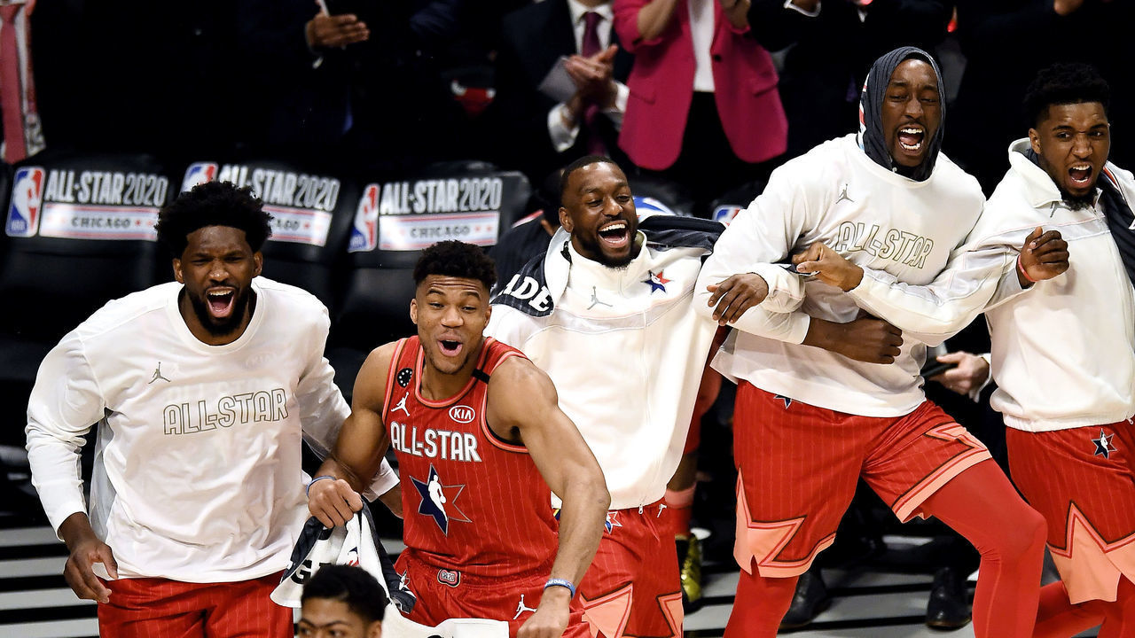 CHICAGO, ILLINOIS - FEBRUARY 16: Members of the Team Giannis bench reacts in the second quarter against Team LeBron during the 69th NBA All-Star Game at the United Center on February 16, 2020 in Chicago, Illinois.