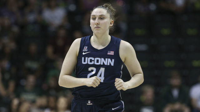 TAMPA, FL - FEBRUARY 16: UConn Huskies guard Anna Makurat (24) during the women's college basketball game between the Connecticut Huskies and South Florida Bulls on February 16, 2020 at the Yuengling Center in Tampa, FL.