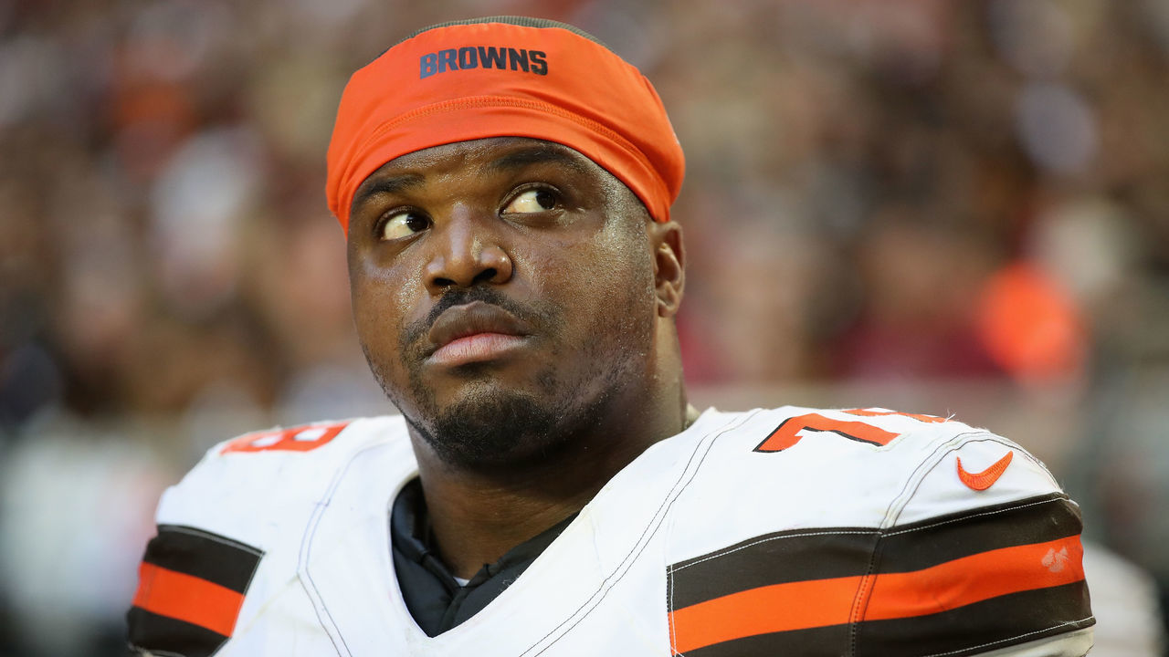 GLENDALE, ARIZONA - DECEMBER 15: Offensive tackle Greg Robinson #78 of the Cleveland Browns on the bench during the second half of the NFL game against the Arizona Cardinals at State Farm Stadium on December 15, 2019 in Glendale, Arizona. The Cardinals defeated the Browns 38-24.