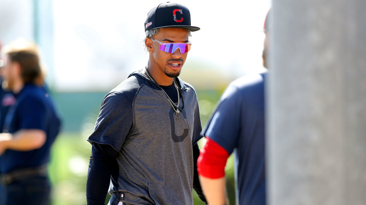 GOODYEAR, AZ - FEBRUARY 19: Francisco Lindor #12 of the Cleveland Indians looks on during a workout on Wednesday, February 19, 2020 at Goodyear Ballpark in Goodyear, Arizona.