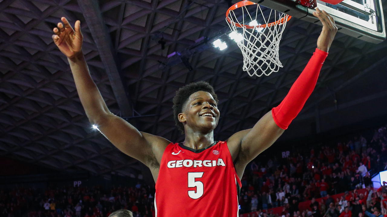 ATHENS, GA - FEBRUARY 19: Anthony Edwards #5 of the Georgia Bulldogs gestures to the crowd in the final minutes a of a game against the Auburn Tigers at Stegeman Coliseum on February 19, 2020 in Athens, Georgia.