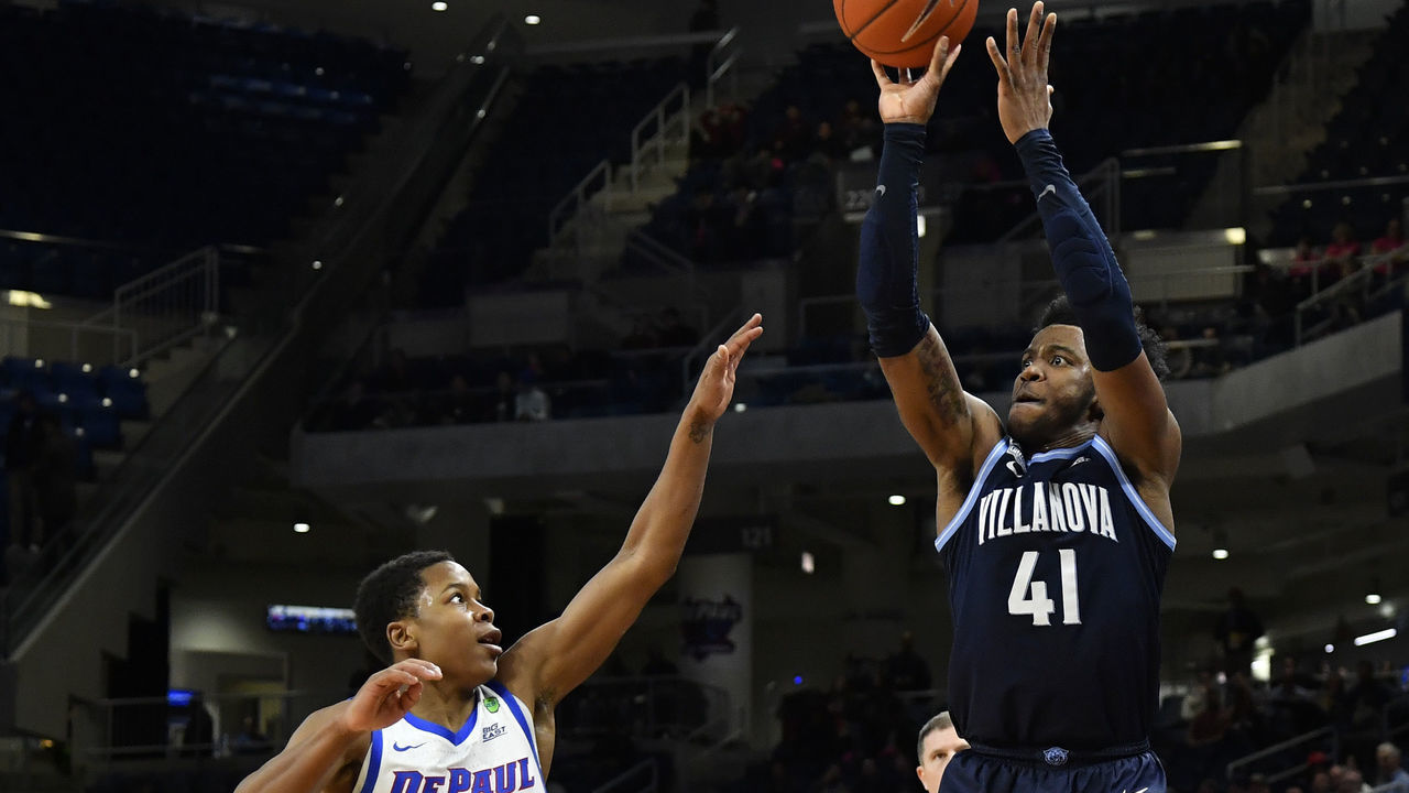CHICAGO, ILLINOIS - FEBRUARY 19: Saddiq Bey #41 of the Villanova Wildcats shoots in the first half against Charlie Moore #11 of the DePaul Blue Demons at Wintrust Arena on February 19, 2020 in Chicago, Illinois.