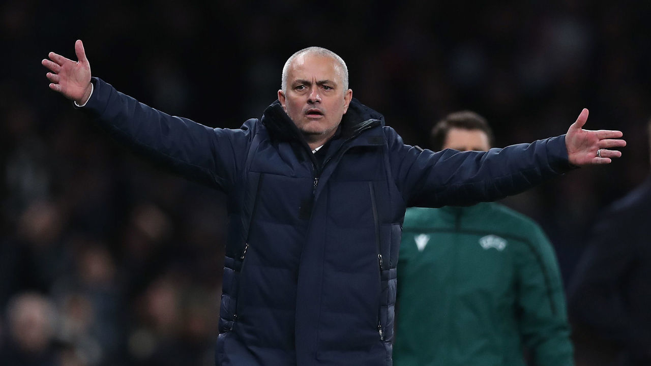LONDON, ENGLAND - FEBRUARY 19: Jose Mourinho, Head Coach of Tottenham Hotspur during the UEFA Champions League round of 16 first leg match between Tottenham Hotspur and RB Leipzig at Tottenham Hotspur Stadium on February 19, 2020 in London, United Kingdom.