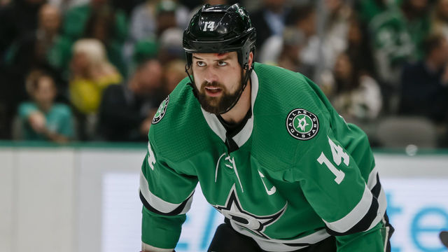 DALLAS, TX - NOVEMBER 25: Dallas Stars left wing Jamie Benn (14) waits for the puck to drop during the game between the Dallas Stars and the Vegas Golden Knights on November 25, 2019 at American Airlines Center in Dallas, Texas.