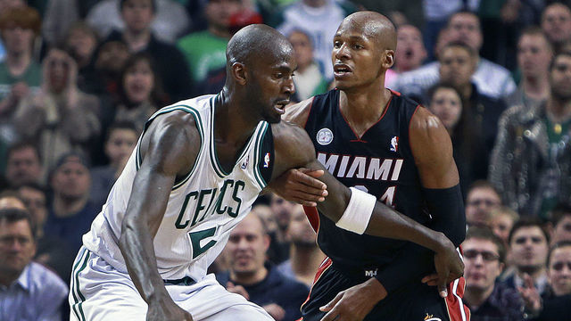 BOSTON - JANUARY 27: The Celtics' Kevin Garnett, left, was guarded by former teammate and current Heat guard Ray Allen in the fourth quarter as the Boston Celtics hosted the Miami Heat in an NBA regular season game at the TD Garden.