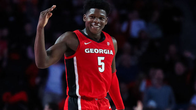 ATHENS, GA - FEBRUARY 19: Anthony Edwards #5 of the Georgia Bulldogs reacts to a basket during the second half of a game against the Auburn Tigers at Stegeman Coliseum on February 19, 2020 in Athens, Georgia.