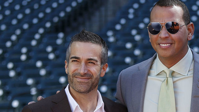 HOUSTON, TX - APRIL 15: Former New York Yankees player and ESPN commentator Alex Rodriguez (C), Jessica Mendoza and Matt Vasgersian pose at Minute Maid Park on April 15, 2018 in Houston, Texas.