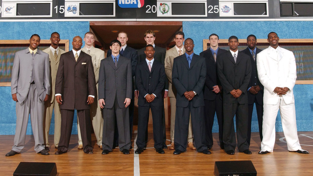 NEW YORK - JUNE 26: (L to R) Carmelo Anthony, Chris Bosh, Jarvis Hayes, Maciej Lampe, Kirk Hinrich, Chris Kaman, T.J. Ford, Darko Milicic, Zarko Cabarkapa, Dwyane Wade, Nick Collison, Reece Gaines, Mike Sweetney and LeBron James poses for a photo prior to the 2003 NBA DRAFT at the Paramount Theater on June 26, 2003 in New York, New York. NOTE TO USER: User expressly acknowledges and agrees that, by downloading and/or using this Photograph, User is consenting to the terms and conditions of the Getty Images License Agreement.