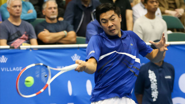 HONOLULU, HI - DECEMBER 28: Brandon Nakashima of the United States hits a forehand during the finals of the Hawaii Tennis Open against Sam Querrey of the United States at the Stan Sheriff Center on December 28, 2019 in Honolulu, Hawaii.