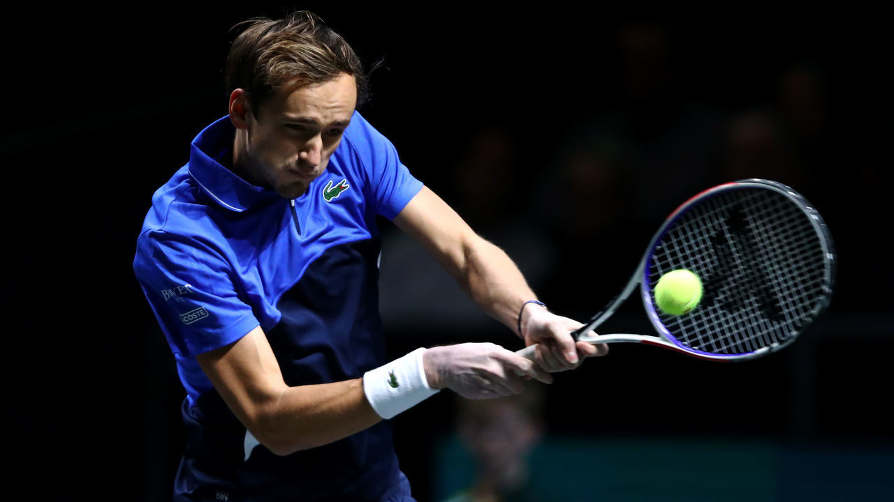 ROTTERDAM, NETHERLANDS - FEBRUARY 12: Daniil Medvedev of Russia returns a backhand against Vasek Pospisil of Canada during Day 5 of the ABN AMRO World Tennis Tournament at Rotterdam Ahoy on February 12, 2020 in Rotterdam, Netherlands.