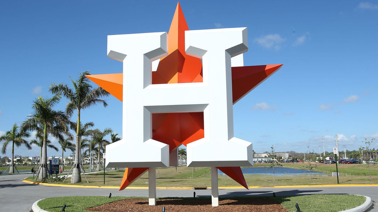 WEST PALM BEACH, FL - FEBRUARY 24: The Houston Astros logo is displayed outside The Ballpark of the Palm Beaches prior to the spring training game against the Atlanta Braves on February 24, 2018 in West Palm Beach, Florida.