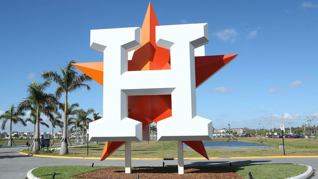 WEST PALM BEACH, FL - FEBRUARY 24: The Houston Astros logo is displayed outside The Ballpark of the Palm Beaches prior to the spring training game against the Atlanta Braves on February 24, 2018 in West Palm Beach, Florida.