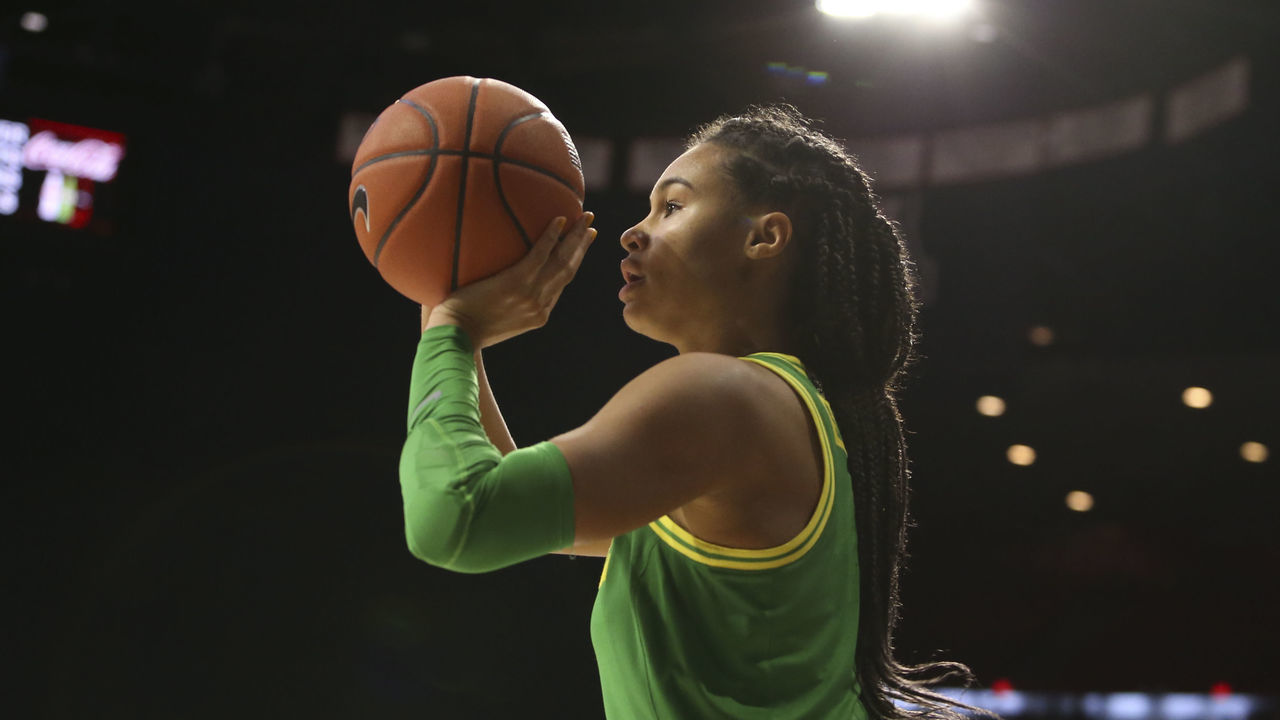 TUCSON, AZ - JANUARY 12: Oregon Ducks forward Satou Sabally (0) shoots the ball during a college women's basketball game between the against the Oregon Ducks and the Arizona Wildcats on January 12, 2020, at McKale Center in Tucson, AZ.