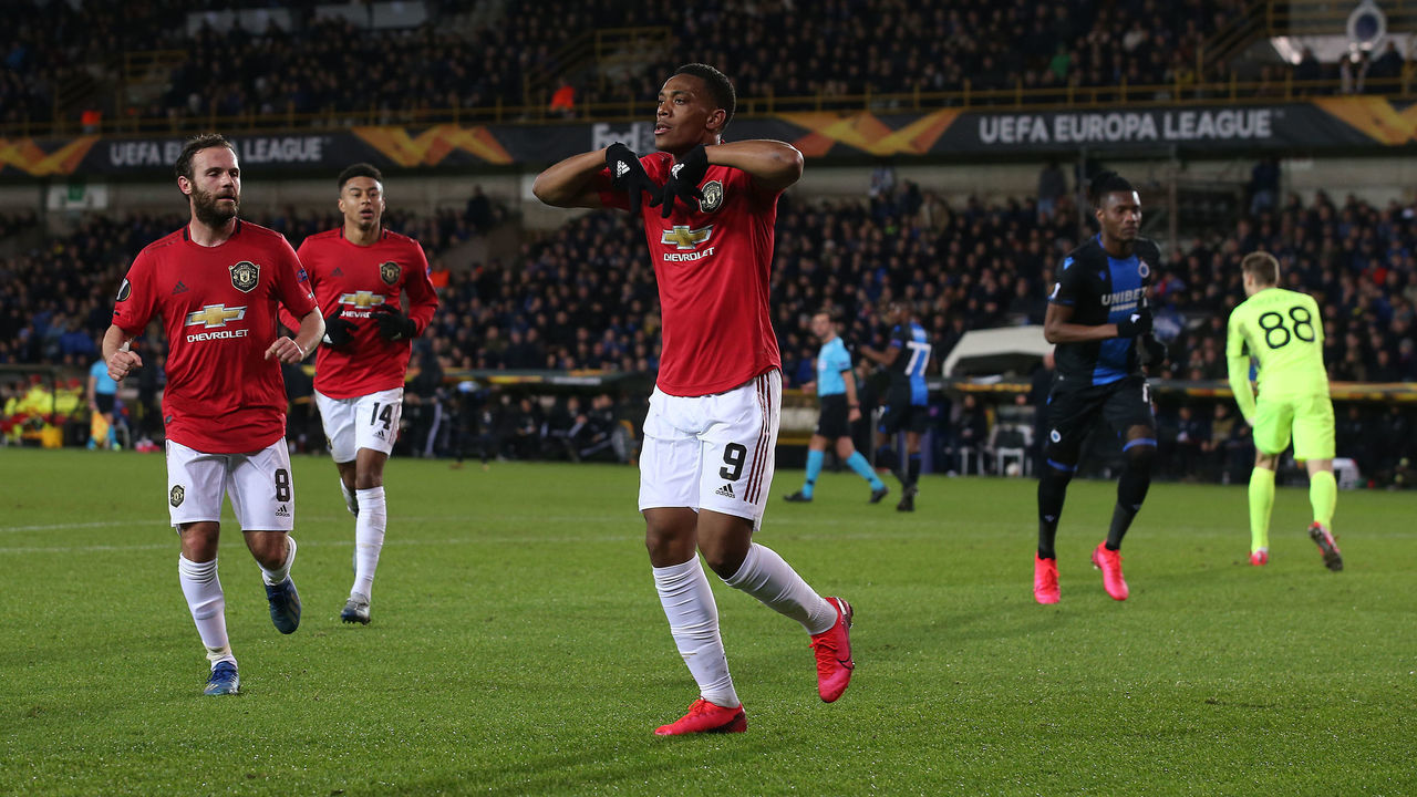 BRUGGE, BELGIUM - FEBRUARY 20: Anthony Martial of Manchester United celebrates scoring their first goal during the UEFA Europa League round of 32 first leg match between Club Brugge and Manchester United at Jan Breydel Stadium on February 20, 2020 in Brugge, Belgium.