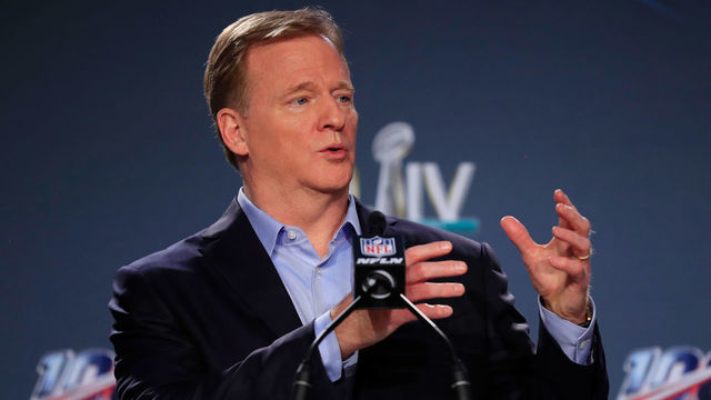 MIAMI, FLORIDA - JANUARY 29: NFL Commissioner Roger Goodell speaks to the media during a press conference prior to Super Bowl LIV at the Hilton Miami Downtown on January 29, 2020 in Miami, Florida. The San Francisco 49ers will face the Kansas City Chiefs in the 54th playing of the Super Bowl, Sunday February 2nd.