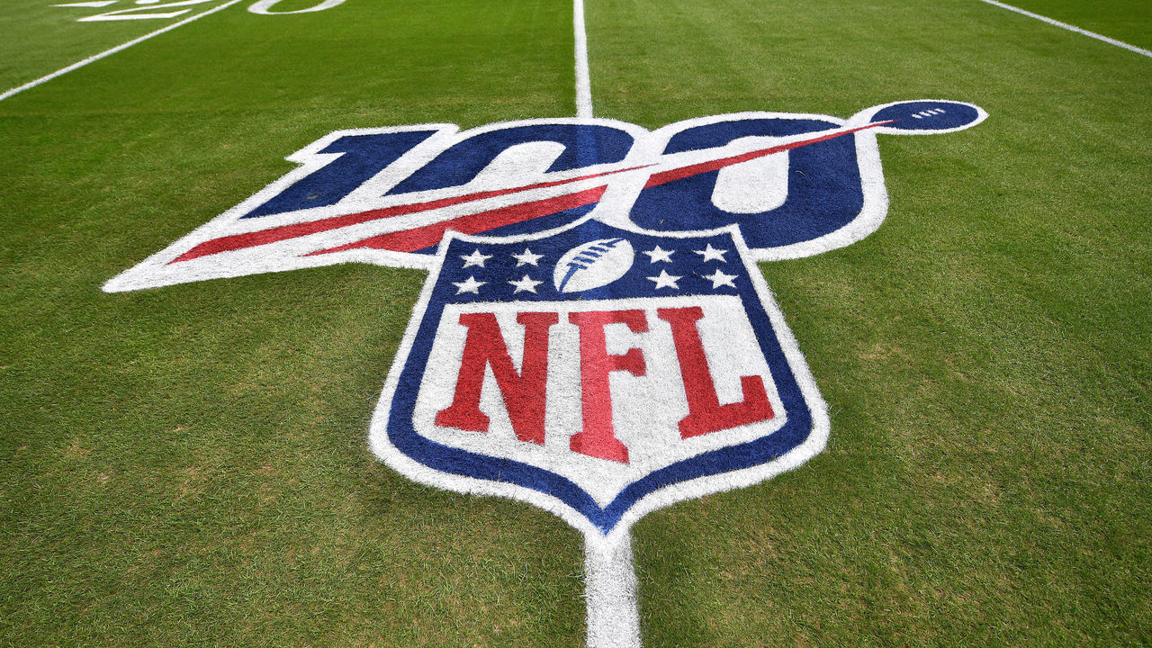 MIAMI, FLORIDA - DECEMBER 01: A general view of the NFL 100 logo on on the field prior to the game between the Miami Dolphins and the Philadelphia Eagles at Hard Rock Stadium on December 01, 2019 in Miami, Florida.