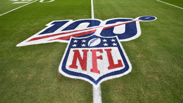 MIAMI, FLORIDA - DECEMBER 01: A general view of the NFL 100 logo on on the field prior to the game between the Miami Dolphins and the Philadelphia Eagles at Hard Rock Stadium on December 01, 2019 in Miami, Florida.