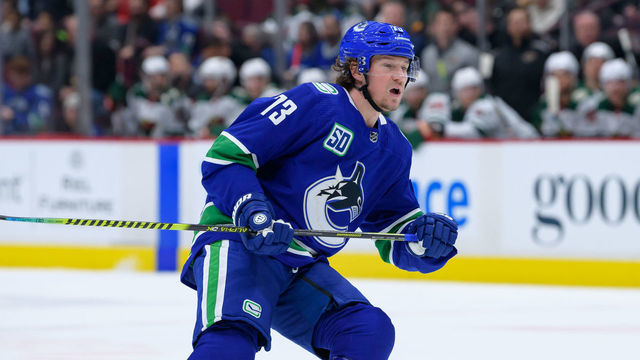 VANCOUVER, BC - FEBRUARY 19: Vancouver Canucks Right Wing Tyler Toffoli (73) skates up ice during their NHL game against the Minnesota Wild at Rogers Arena on February 19, 2020 in Vancouver, British Columbia, Canada.