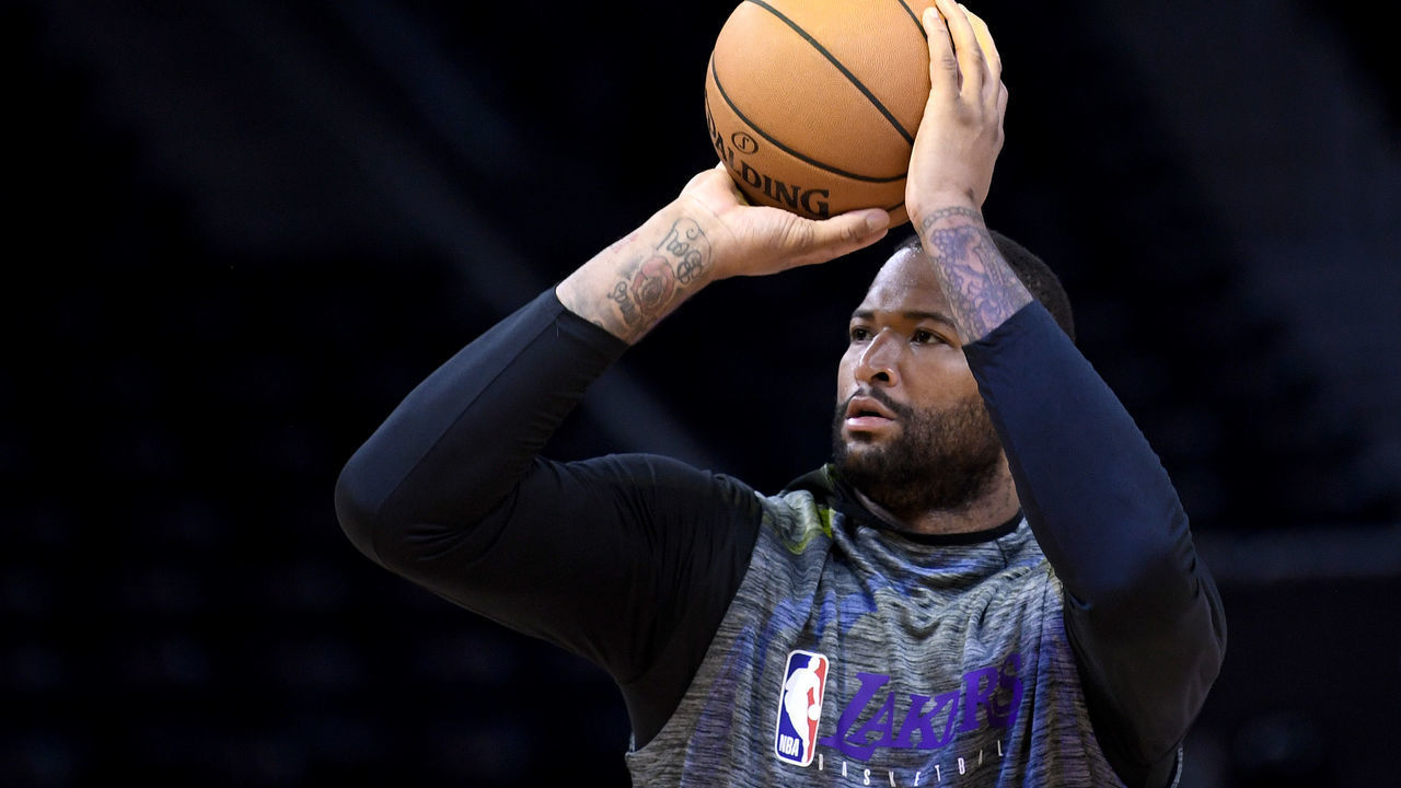 SAN FRANCISCO, CALIFORNIA - FEBRUARY 08: Injured Los Angeles Lakers DeMarcus Cousins #15 works out shooting prior to the start of an NBA basketball game against the Golden State Warriors at Chase Center on February 08, 2020 in San Francisco, California.