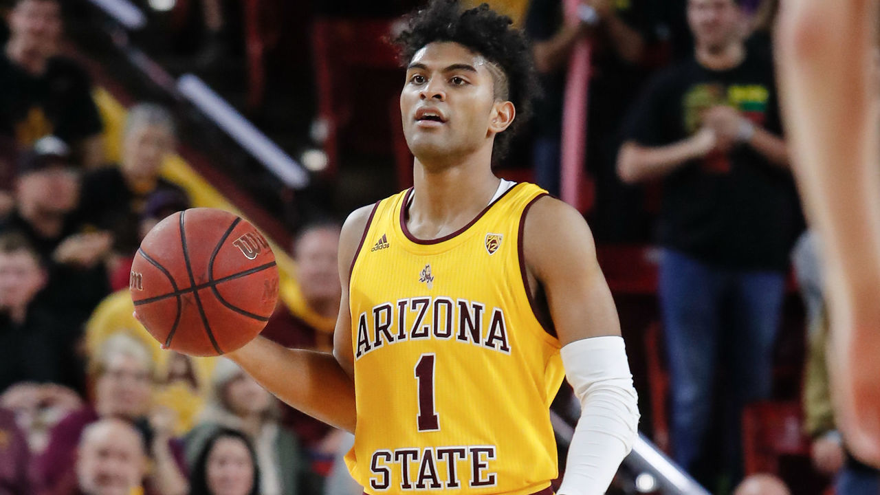 TEMPE, AZ - FEBRUARY 08: Arizona State Sun Devils guard Remy Martin (1) dribbles the ball during the college basketball game between the USC Trojans and the Arizona State Sun Devils on February 8, 2020 at Desert Financial Arena in Tempe, Arizona.