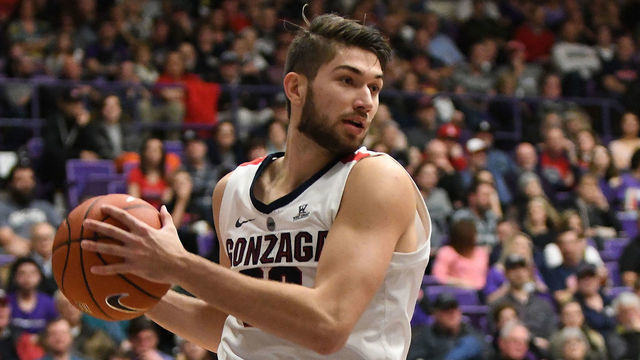 PORTLAND, OR - JANUARY 19: Gonzaga University forward Killian Tille (33) rebounds the ball during the a college basketball game between the Portland Pilots and Gonzaga Bulldogs on January 19, 2019, at the Chiles Center in Portland, Oregon.