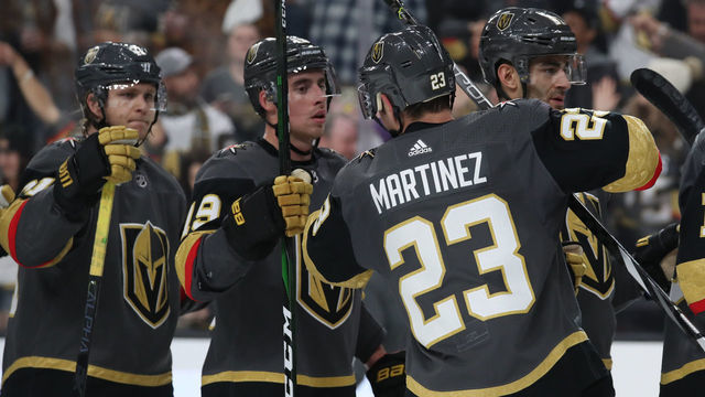 LAS VEGAS, NEVADA - FEBRUARY 20: The Vegas Golden Knights celebrate after defeating the Tampa Bay Lightning at T-Mobile Arena on February 20, 2020 in Las Vegas, Nevada.