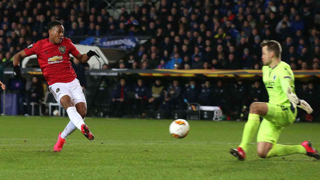 BRUGGE, BELGIUM - FEBRUARY 20: Anthony Martial of Manchester United scores their first goal during the UEFA Europa League round of 32 first leg match between Club Brugge and Manchester United at Jan Breydel Stadium on February 20, 2020 in Brugge, Belgium.