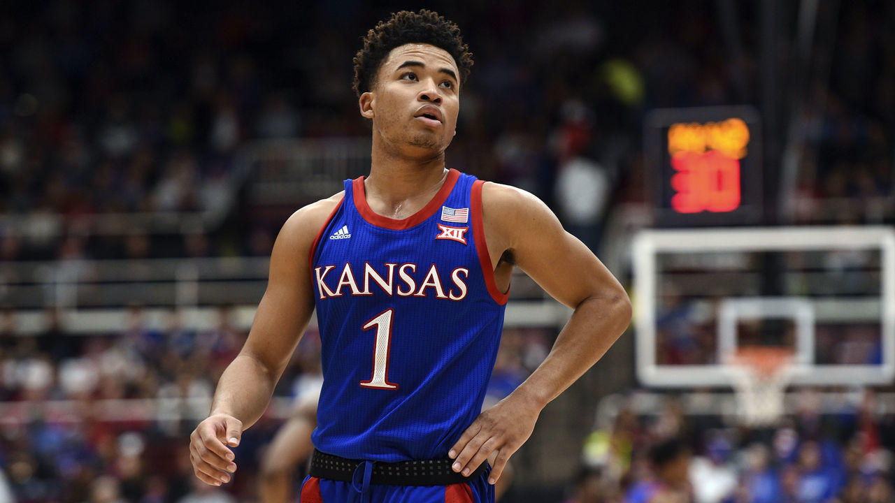 PALO ALTO, CA - DECEMBER 29: Kansas Jayhawks guard Devon Dotson (1) during the NCAA men's basketball game between the Kansas Jayhawks and the Stanford Cardinal at Maples Pavilion on December 29, 2019 in Palo Alto, CA.
