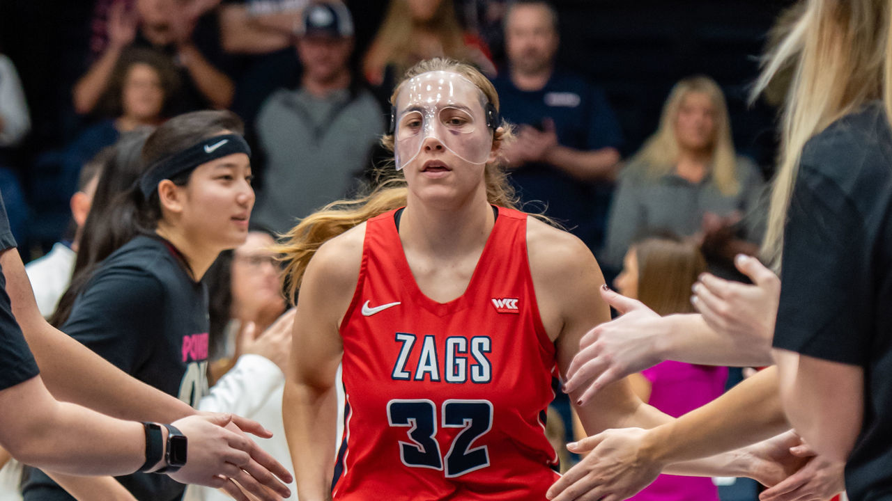 MORAGA, CA - FEBRUARY 08:Gonzaga Bulldogs guard Jill Townsend (32) gets introduced before the game between the St. Mary Gaels and the Gonzaga Bulldogs on Saturday, February 08, 2020 at McKeon Pavilion in Moraga, California.