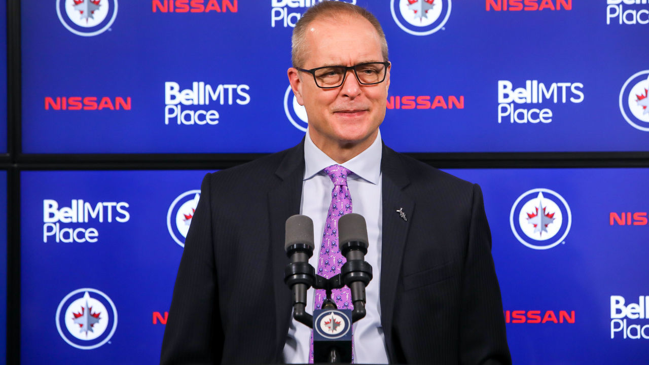 WINNIPEG, MB - NOVEMBER 23: Head Coach Paul Maurice of the Winnipeg Jets answers questions in the post-game press conference following a 4-3 victory over the Columbus Blue Jackets on Hockey Fights Cancer Night at the Bell MTS Place on November 23, 2019 in Winnipeg, Manitoba, Canada.