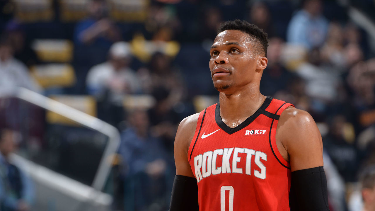 SAN FRANCISCO, CA - FEBRUARY 20: Russell Westbrook #0 of the Houston Rockets looks on during the game against the Golden State Warriors on February 20, 2020 at Chase Center in San Francisco, California. NOTE TO USER: User expressly acknowledges and agrees that, by downloading and or using this photograph, user is consenting to the terms and conditions of Getty Images License Agreement. Mandatory Copyright Notice: Copyright 2020 NBAE