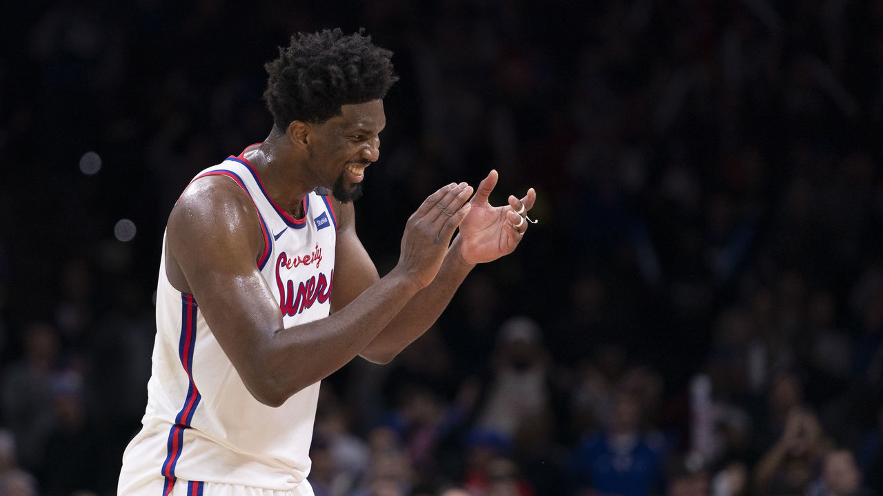 PHILADELPHIA, PA - FEBRUARY 20: Joel Embiid #21 of the Philadelphia 76ers reacts against the Brooklyn Nets in overtime at the Wells Fargo Center on February 20, 2020 in Philadelphia, Pennsylvania. The 76ers defeated the Nets 112-104 in overtime. NOTE TO USER: User expressly acknowledges and agrees that, by downloading and/or using this photograph, user is consenting to the terms and conditions of the Getty Images License Agreement.