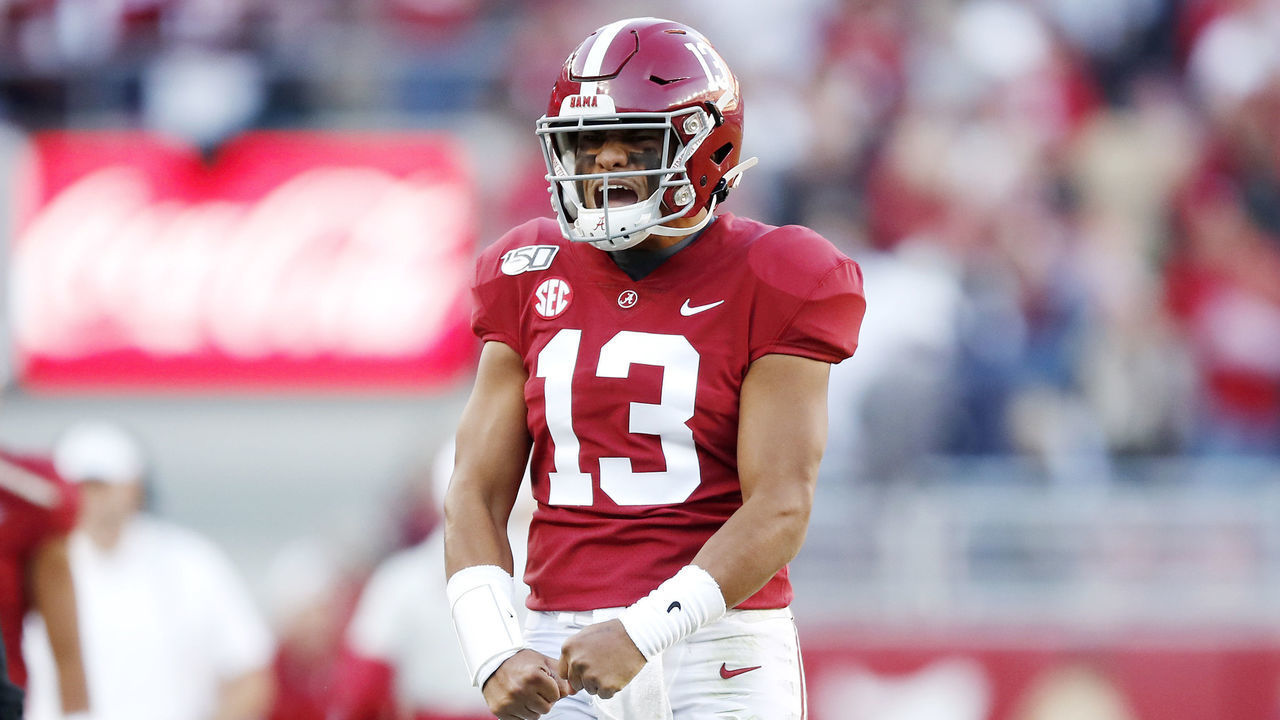 TUSCALOOSA, ALABAMA - NOVEMBER 09: Tua Tagovailoa #13 of the Alabama Crimson Tide celebrates throwing a touchdown pass during the second quarter against the LSU Tigers in the game at Bryant-Denny Stadium on November 09, 2019 in Tuscaloosa, Alabama.