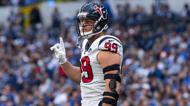 INDIANAPOLIS, IN - OCTOBER 20: Houston Texans defensive end J.J. Watt (99) celebrates a defensive stop during the NFL game between the Houston Texans and the Indianapolis Colts on October 20, 2019 at Lucas Oil Stadium, in Indianapolis, IN.