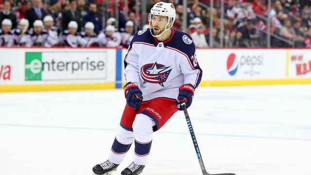 NEWARK, NJ - FEBRUARY 16: Columbus Blue Jackets right wing Oliver Bjorkstrand (28) skates during the National Hockey League game between the New Jersey Devils and the Columbus Blue Jackets on February 16, 2020 at the Prudential Center in Newark, NJ.