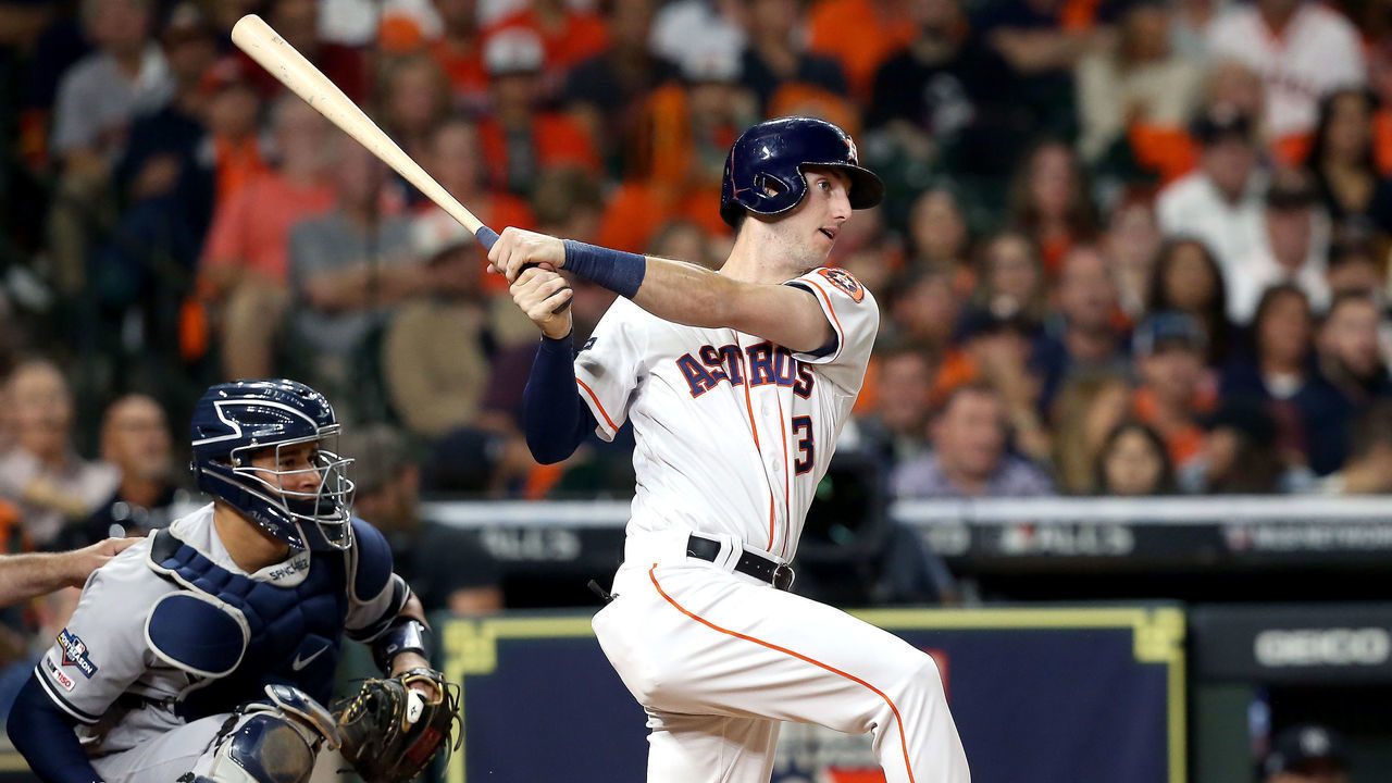 HOUSTON, TEXAS - OCTOBER 12: Kyle Tucker #3 of the Houston Astros singles against the New York Yankees during the third inning in game one of the American League Championship Series at Minute Maid Park on October 12, 2019 in Houston, Texas.