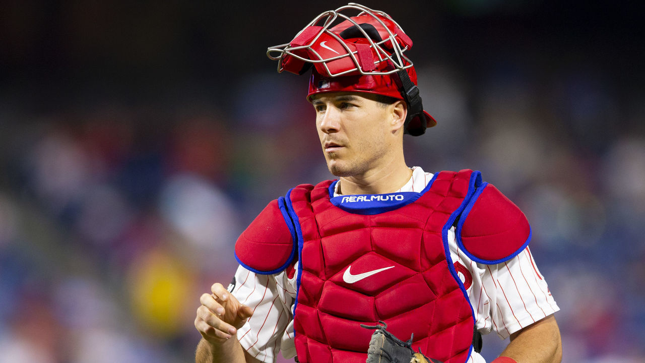 PHILADELPHIA, PA - SEPTEMBER 09: J.T. Realmuto #10 of the Philadelphia Phillies looks on against the Atlanta Braves at Citizens Bank Park on September 9, 2019 in Philadelphia, Pennsylvania.