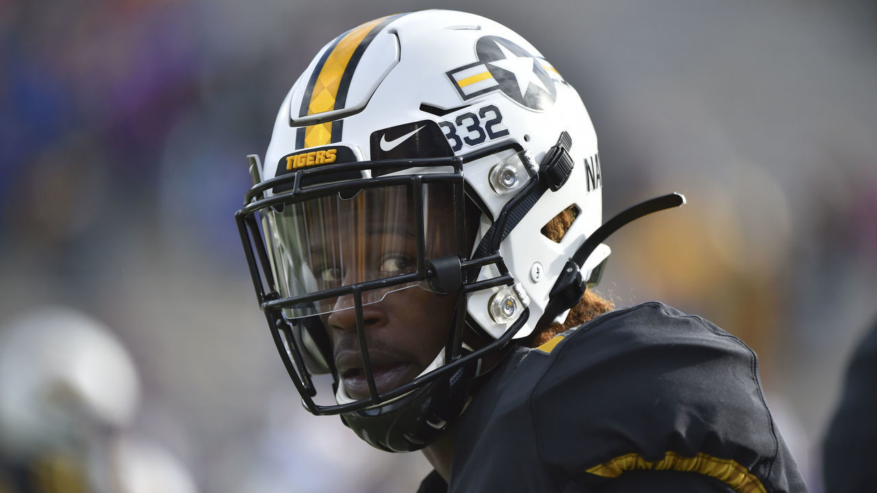 COLUMBIA, MISSOURI - NOVEMBER 16: Wide receiver Kam Scott #13 of the Missouri Tigers in action against the Florida Gators at Faurot Field/Memorial Stadium on November 16, 2019 in Columbia, Missouri.